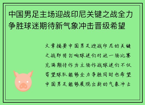 中国男足主场迎战印尼关键之战全力争胜球迷期待新气象冲击晋级希望